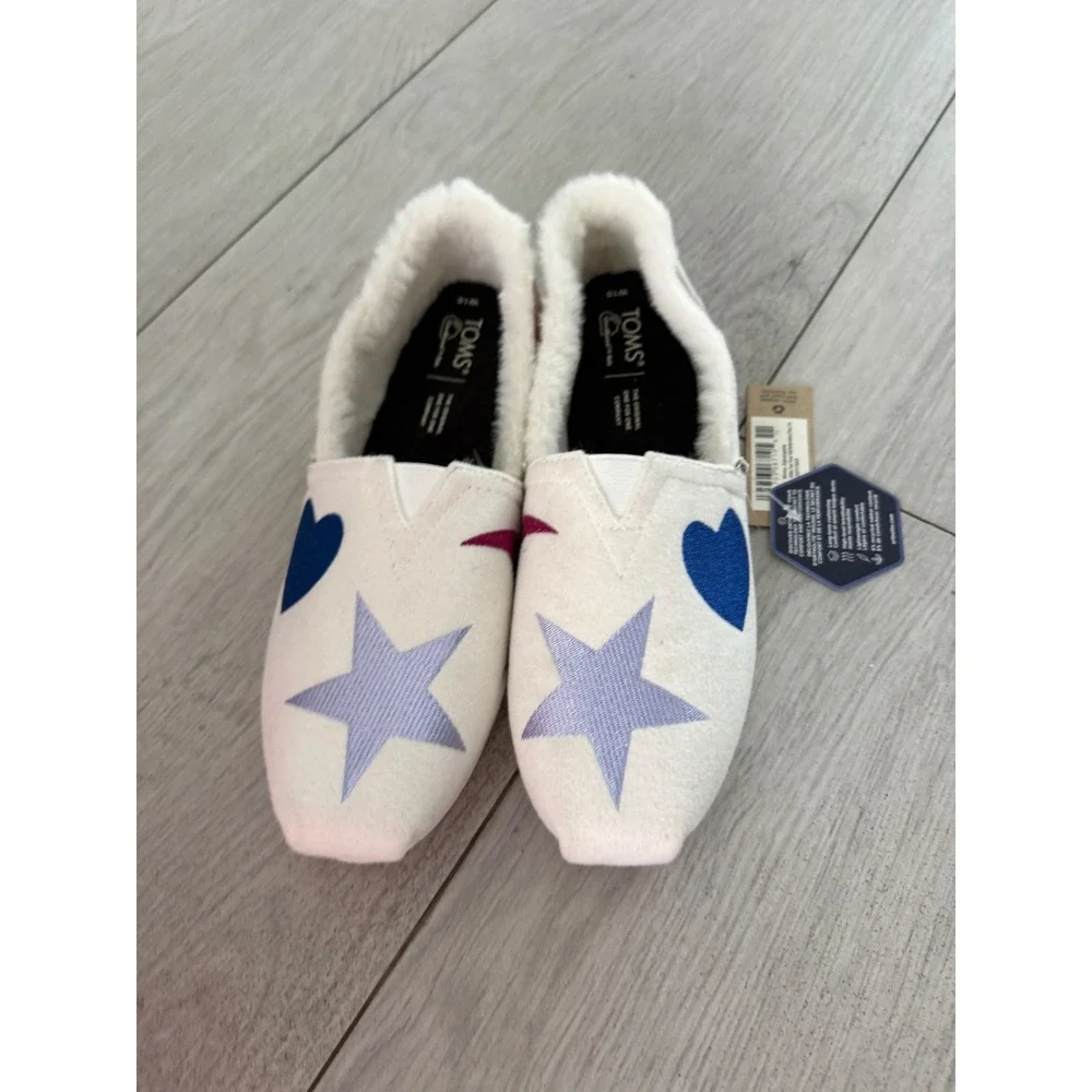 TOMS Alpargata Embroidered Celestial Faux Fur Shoes/Slippers  Womens 10 NWT - Picture 2 of 7